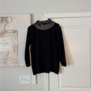 Black Turtleneck Sweater with Striped Neckline